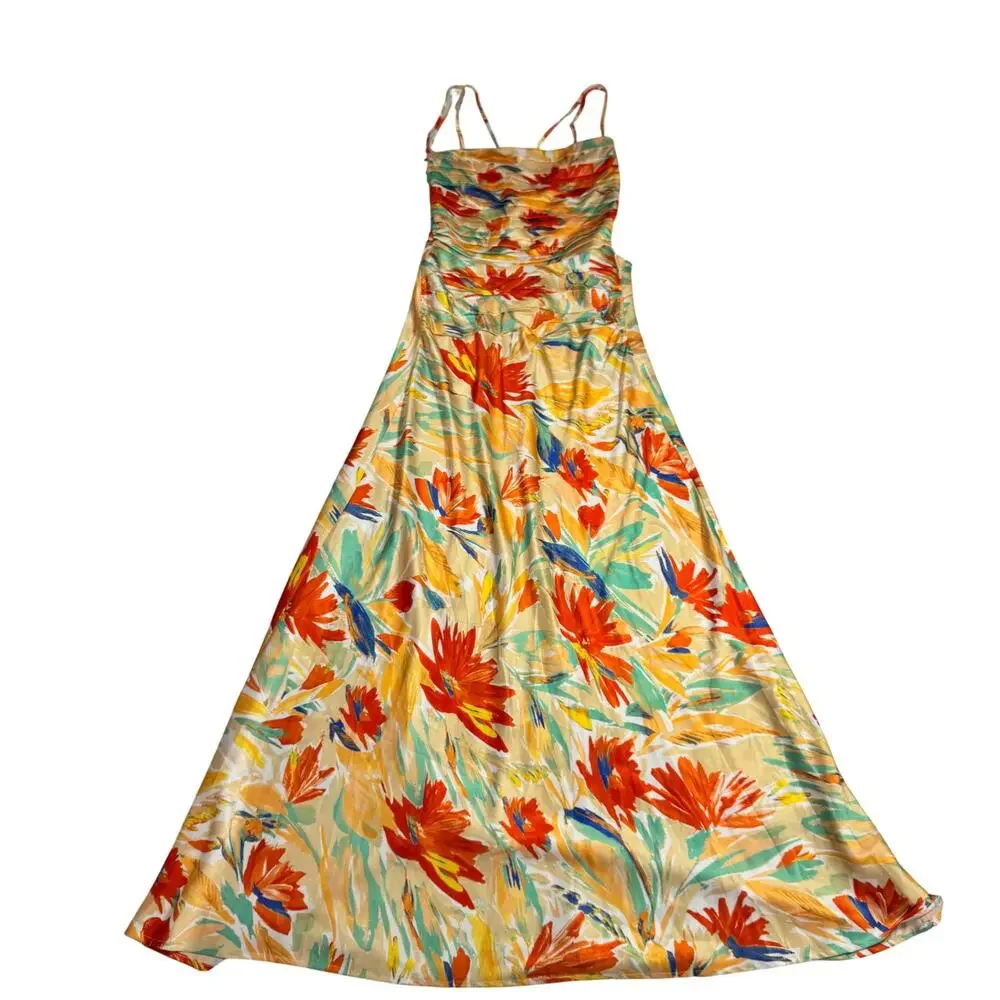 ASTR Antlia Floral Maxi Dress Orange Yellow Women's Square Neck Lace Up Summer - Picture 8 of 16